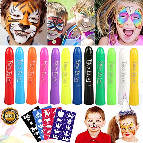 halloween Pascua de Resurrección Pintura Facial,Buluri 12 Colores Face Paint Crayons Conjuntos de Pintura Corporal Faciales Seguros y con 40 Plantillas,Perfectos para Carnaval,Santa, Cosplay, Fiestas