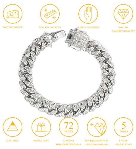 Halukakah Hombre Cadena Blanco Oro Plateado 14mm Pulseras,Iced out con Diamantes,Plata,Miami Cadena Cubana,18cm,con Caja Halukakah Hombre Cadena Blanco Oro Plateado 14mm Pulseras,Iced out con Diamantes,Plata,Miami Cadena Cubana,18cm,con Caja