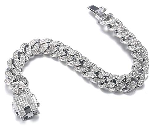 Halukakah Hombre Cadena Blanco Oro Plateado 14mm Pulseras,Iced out con Diamantes,Plata,Miami Cadena Cubana,18cm,con Caja Halukakah Hombre Cadena Blanco Oro Plateado 14mm Pulseras,Iced out con Diamantes,Plata,Miami Cadena Cubana,18cm,con Caja