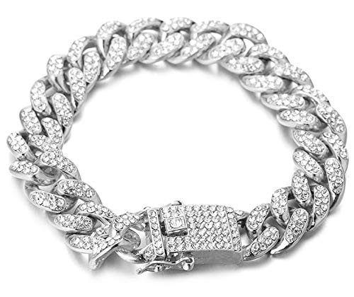 Halukakah Hombre Cadena Blanco Oro Plateado 14mm Pulseras,Iced out con Diamantes,Plata,Miami Cadena Cubana,18cm,con Caja