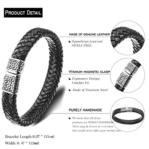 Halukakah ● Solo ● Pulsera Hombre Cuero Genuina Negro Cierre Magnético Titanio Acero Inoxidable 8.46"(21.5cm) con CajaDeRegaloGRATIS