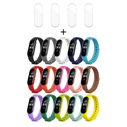 Hanbee 15 Piezas Correas para Xiaomi Mi Band 5, 4 Piezas TPU Protector Pantalla para Xiaomi Mi Band 5, Silicona Correa de Repuesto Suave, Pulseras para Xiaomi Mi Band 5