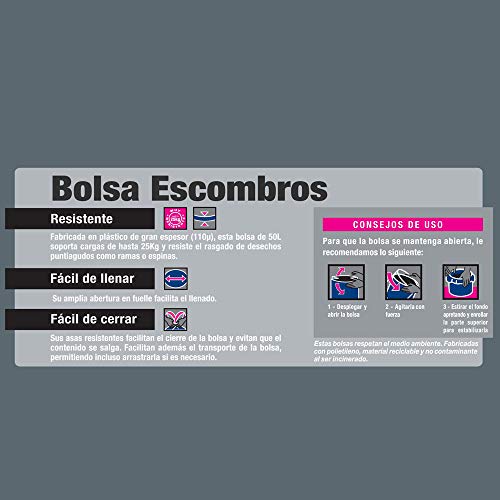 Handy Bag Bolsas Basura 50L Escombros, Ultra Resistentes, Asas Laterales, 5 Sacos