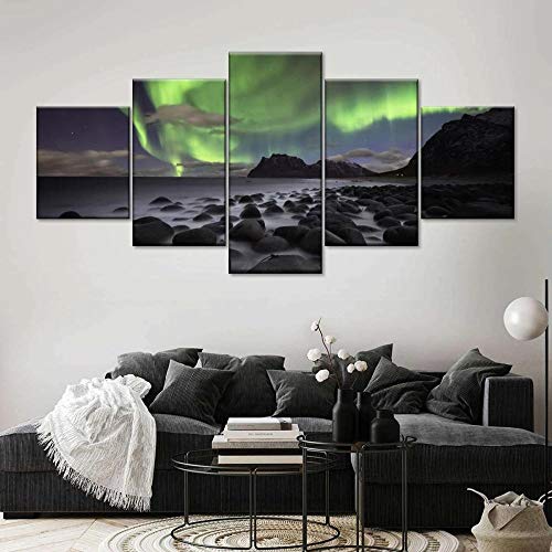 HANYF 5 Piezas Lienzo Pintura, Aurora boreal en el mar rocoso Cuadros,Impresión HD,Sala Estar Decoración,Modular Póster,Mural Abstracto,Regalo Cumpleaños,con Marco