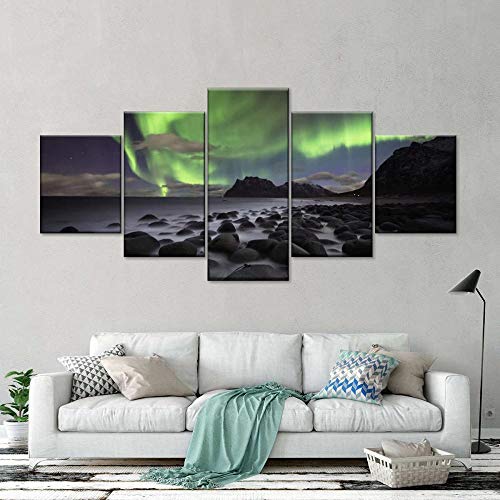 HANYF 5 Piezas Lienzo Pintura, Aurora boreal en el mar rocoso Cuadros,Impresión HD,Sala Estar Decoración,Modular Póster,Mural Abstracto,Regalo Cumpleaños,con Marco