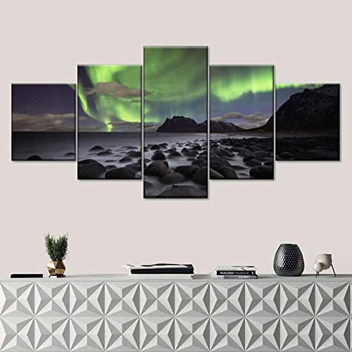 HANYF 5 Piezas Lienzo Pintura, Aurora boreal en el mar rocoso Cuadros,Impresión HD,Sala Estar Decoración,Modular Póster,Mural Abstracto,Regalo Cumpleaños,con Marco