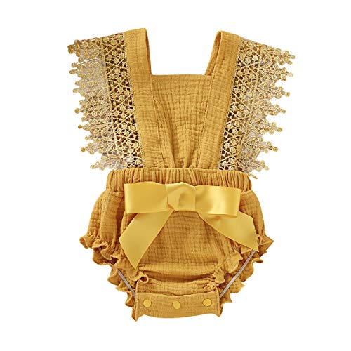 Haokaini - Mameluco sin Mangas de Verano recién Nacido, Trajes de Mono de Volantes para bebés, Body de Encaje con Cuello Redondo Trajes de Sol (Amarillo, 6-12 Mes)