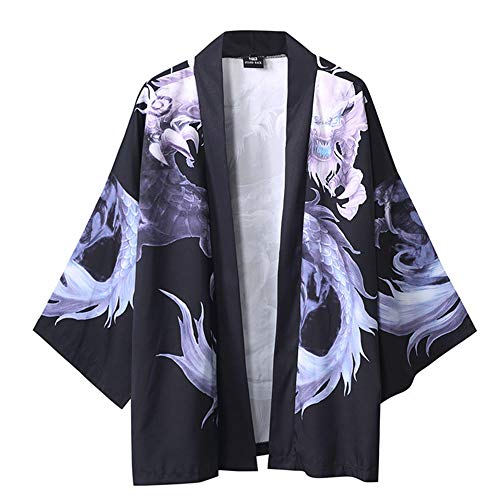 HAORUN Chamarra Tipo Kimono para Hombre, diseño de dragón Negro Negro (XS HAORUN Chamarra Tipo Kimono para Hombre, diseño de dragón Negro Negro (XS