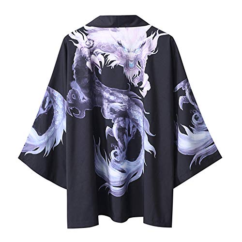 HAORUN Chamarra Tipo Kimono para Hombre, diseño de dragón Negro Negro (XS HAORUN Chamarra Tipo Kimono para Hombre, diseño de dragón Negro Negro (XS
