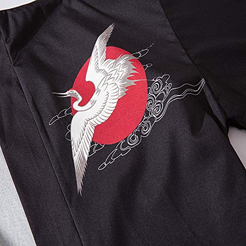 HAORUN - Chaqueta Tipo Kimono para Hombre con Estampado de grúa, Estilo Casual Negro Negro (M HAORUN - Chaqueta Tipo Kimono para Hombre con Estampado de grúa, Estilo Casual Negro Negro (M