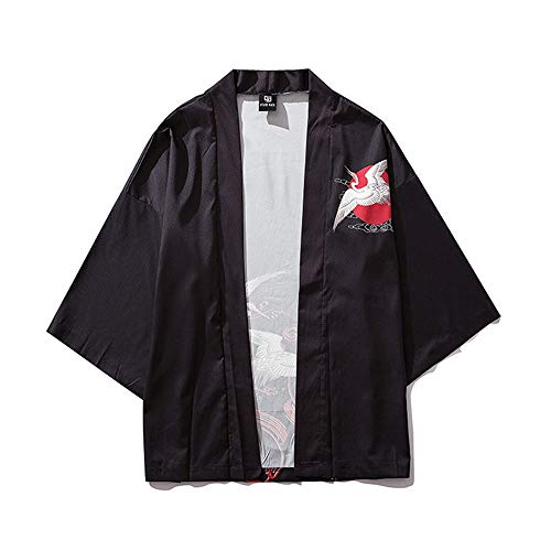 HAORUN - Chaqueta Tipo Kimono para Hombre con Estampado de grúa, Estilo Casual Negro Negro (M HAORUN - Chaqueta Tipo Kimono para Hombre con Estampado de grúa, Estilo Casual Negro Negro (M