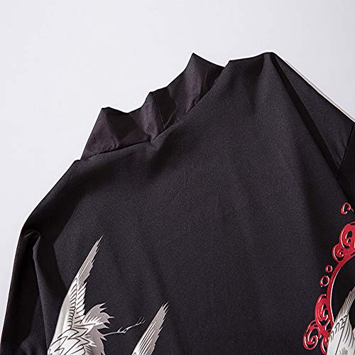 HAORUN - Chaqueta Tipo Kimono para Hombre con Estampado de grúa, Estilo Casual Negro Negro (M HAORUN - Chaqueta Tipo Kimono para Hombre con Estampado de grúa, Estilo Casual Negro Negro (M