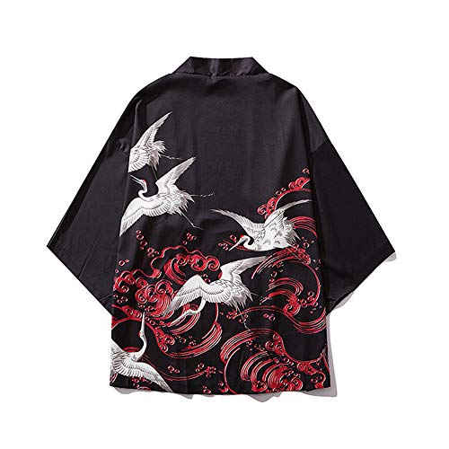 HAORUN - Chaqueta Tipo Kimono para Hombre con Estampado de grúa, Estilo Casual Negro Negro (M HAORUN - Chaqueta Tipo Kimono para Hombre con Estampado de grúa, Estilo Casual Negro Negro (M
