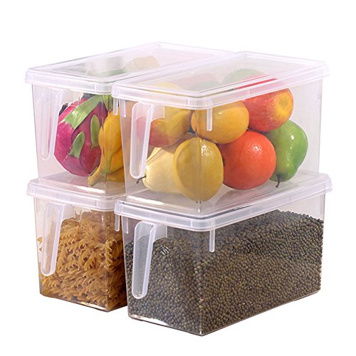 HapiLeap Organizador de Alimentos para Cocina/Congelador, contenedor Transparente con Tapa y Asa (4 Pack)