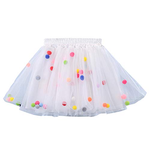 Happy Cherry - Falda Plisada Corta para Niñas Tutú Tutu Skirt Blanco con Pom Pom Coloridos para Bautizo Ballet - Talla L