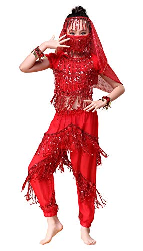 Happy Cherry - Niñas Traje de Danza del Vientre Vestido Borlas de Baile Latino de Lentejuelas para Disfraz Fiesta para Niña - Rojo