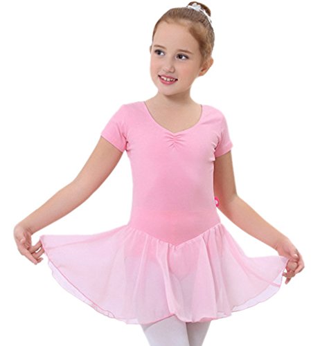 Happy Cherry - Traje de Baile Ballet Danza Maillot Vestido Falda Tutú con Manga Corta para Niñas para Gimnasia - Rosa - Talla ES 9-10 años