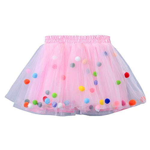 Happy Cherry - Tutú Mini Falda para Niñas 7-8 años Short Skirt Rosa con Pompones 4 Capas Tul Bonitos Lindos - Talla XL
