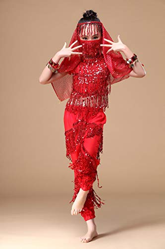 Happy Cherry - Vestido de Danza de Vientre para Niñas Traje de Disfraz para Baile India con Mangas Cortas para Niña para Salsa - Rojo
