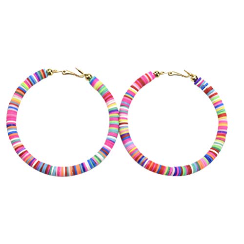 Happyyami 1 par de Aretes de Aro Abierto con Cuentas de Arco Iris Heishi Aretes de Disco Bohemio Aretes Aro Surfista Playa Joyería para Mujer