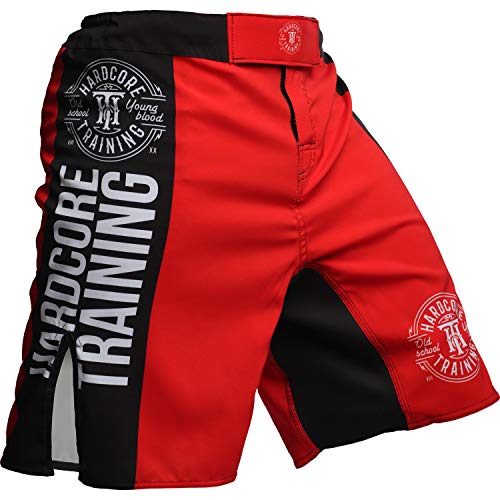 Hardcore Training Fight Shorts Men's Recruit Black - Boxing Shorts - Cage Fight BJJ No-Gi Fitness Gym Pantalones Cortos (Red, XXXL)