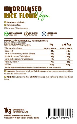 Harina de Arroz Hidrolizada de HSN | Hydrolysed Rice Flour | Carbohidratos 100% Natural | Excelente Digestión + Textura Extra-Suave | Vegana, Sin Gluten, Sin Lactosa, Sin Soja, Sin Sabor, 1Kg