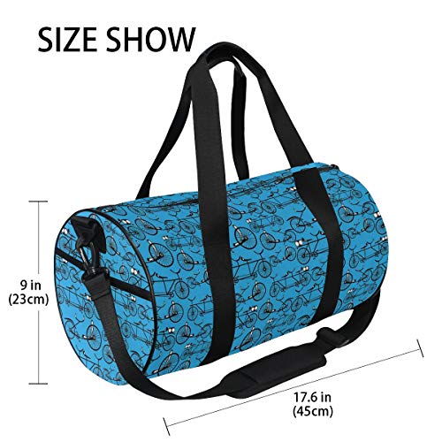 HARXISE Bicis Estilo Antiguo Dibujos Animados Fondo Azul Patrón Retro Con Ruedas，Bolsa de equipaje de viaje Deporte Lienzo ligero Equipaje de fitness Bolso de tambor Desmontable