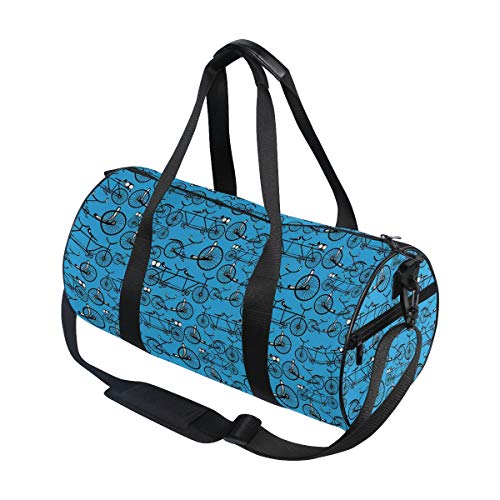 HARXISE Bicis Estilo Antiguo Dibujos Animados Fondo Azul Patrón Retro Con Ruedas，Bolsa de equipaje de viaje Deporte Lienzo ligero Equipaje de fitness Bolso de tambor Desmontable