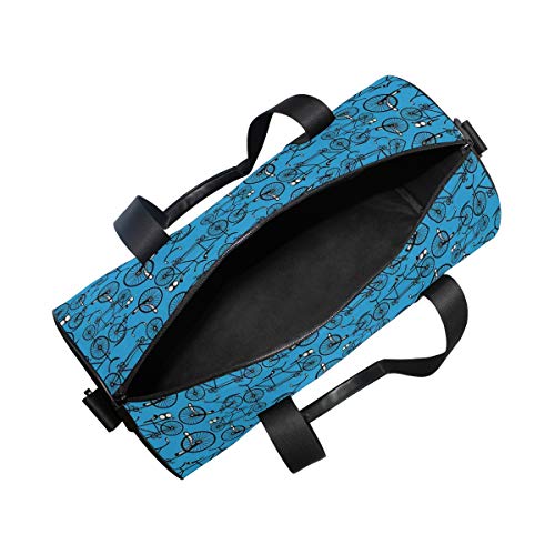 HARXISE Bicis Estilo Antiguo Dibujos Animados Fondo Azul Patrón Retro Con Ruedas，Bolsa de equipaje de viaje Deporte Lienzo ligero Equipaje de fitness Bolso de tambor Desmontable