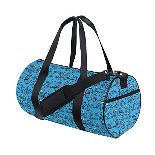 HARXISE Bicis Estilo Antiguo Dibujos Animados Fondo Azul Patrón Retro Con Ruedas，Bolsa de equipaje de viaje Deporte Lienzo ligero Equipaje de fitness Bolso de tambor Desmontable