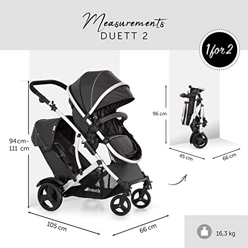 Hauck Duett 2 - Carro gemelar, silla de paseo gemelar, capazo desde nacimiento transformación a sillita, asiento giratorio, desmontable segundo asiento, manillar ajustable en altura, Black Forest