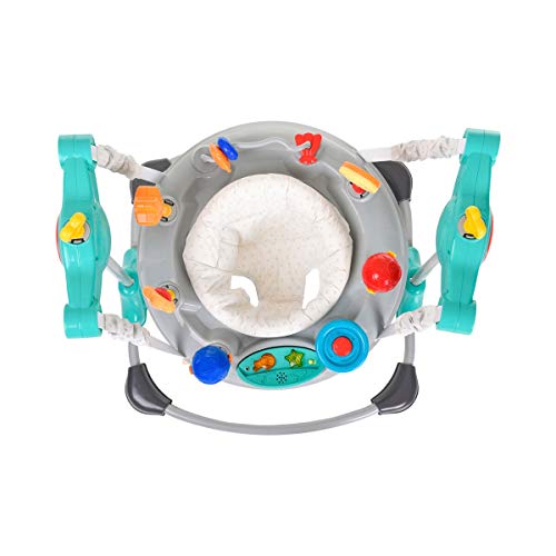 Hauck Jump-A-Round - Columpio y mesa de juego estable para bebes de 6 meses a 12kg, mesa de juegos y música, regulable en altura, giratorio, piezas de juguetes intercambiables, Hearts (gris turquesa)