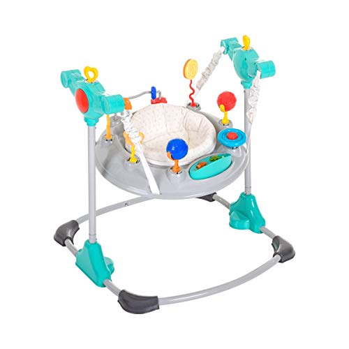 Hauck Jump-A-Round - Columpio y mesa de juego estable para bebes de 6 meses a 12kg, mesa de juegos y música, regulable en altura, giratorio, piezas de juguetes intercambiables, Hearts (gris turquesa)