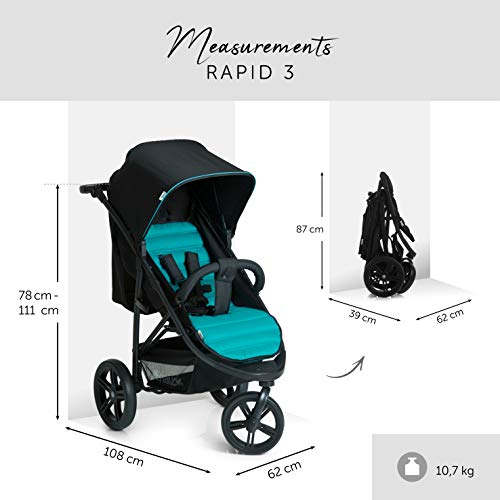 Hauck Rapid 3 - silla de paseo de 3 ruedas con posiciones en respaldo, plegado compacto, plegando con solo una mano, manillar regulable, desde nacimiento hasta 25kg, caviar turquoise (negro, azul)