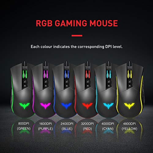 havit Ratón Gaming 7 Botones Mouse Gaming programables Iluminación RGB [800-1600-2400-4800] para Windows7/8/10/Xp/Vista/Linux（MS733）