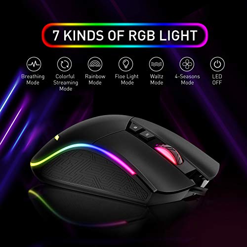 havit Ratón Gaming 7 Botones Mouse Gaming programables Iluminación RGB [800-1600-2400-4800] para Windows7/8/10/Xp/Vista/Linux（MS733）