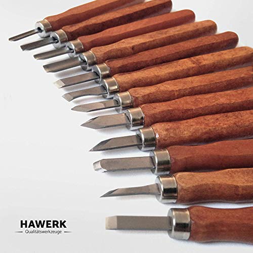 Hawerk Juego de Herramientas para Tallar Madera para Principiantes y Profesionales | 12 Cinceles + 3 Piedras de Afilar + Estuche Hawerk