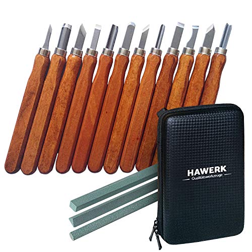 Hawerk Juego de Herramientas para Tallar Madera para Principiantes y Profesionales | 12 Cinceles + 3 Piedras de Afilar + Estuche Hawerk