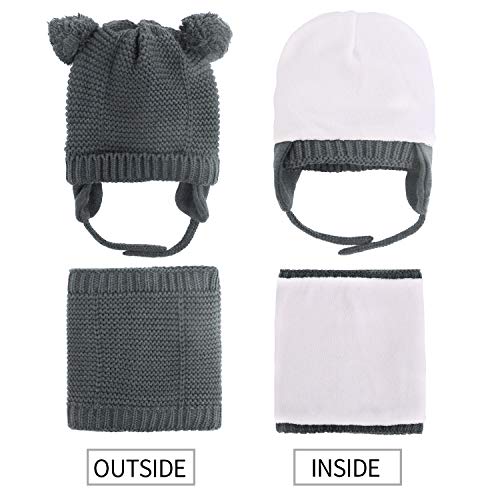 Hawiton Caliente Conjunto de Gorro y Bufanda de punto 2 piezas para niñas y niños otoño invierno, bebés suaves forro de lana Sombreros y pañuelo para el cuello