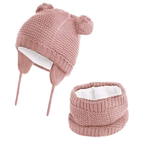 Hawiton Caliente Conjunto de Gorro y Bufanda de punto 2 piezas para niñas y niños otoño invierno, bebés suaves forro de lana Sombreros y pañuelo para el cuello