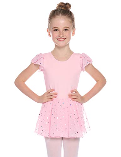 Hawiton Maillot Ballet Danza niña Tutu algodón 5-16 años,Elástico Manga Corta Gimnasia Ritmica con Falda,Leotardo Body Clásico