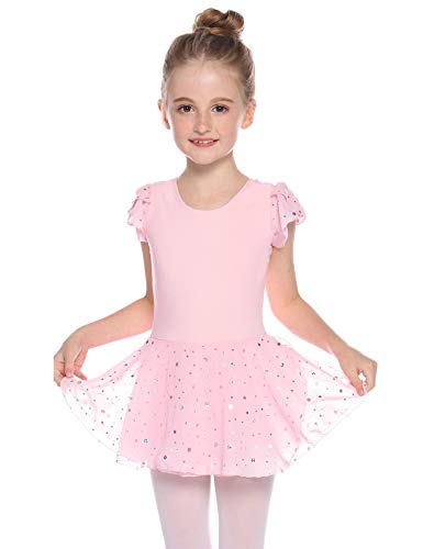 Hawiton Maillot Ballet Danza niña Tutu algodón 5-16 años,Elástico Manga Corta Gimnasia Ritmica con Falda,Leotardo Body Clásico