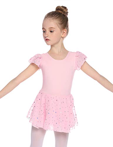 Hawiton Maillot Ballet Danza niña Tutu algodón 5-16 años,Elástico Manga Corta Gimnasia Ritmica con Falda,Leotardo Body Clásico