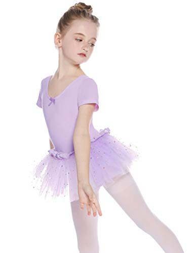 Hawiton Maillot Ballet Danza niña Tutu algodón 5-16 años,Elástico Manga Corta Gimnasia Ritmica con Falda,Leotardo Body Clásico