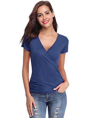 Hawiton Mujer Camiseta Manga Corta Elegant Sexy Frente Cruzado Cuello-V Tops Verano Slim Fit Blusas T-Shirt