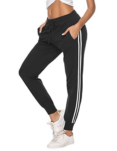 Hawiton Pantalon Chandal Mujer Largos Pantalones de Deporte Yoga Fitness Jogger Pantalones de Punto de Rayas (1#Negro, Medium)