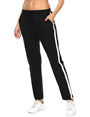 Hawiton Pantalones Deportivos para Mujer 100% Algodón Pantalón de Chándal con Bolsillos para Gimnasio Deportes Correr Entrenamiento Jogging Pantalones de Pijama Largos de Rayas