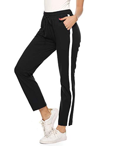 Hawiton Pantalones Deportivos para Mujer 100% Algodón Pantalón de Chándal con Bolsillos para Gimnasio Deportes Correr Entrenamiento Jogging Pantalones de Pijama Largos de Rayas