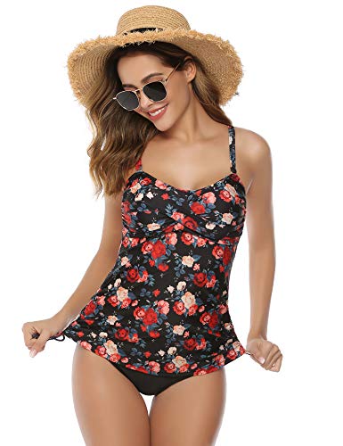 Hawiton Tankini para Mujer Traje de Baño de Dos Piezas Tirantes Ajustables Tops Tankini con Breifs, Diseño de Flores Bañadores para Playa, Piscina, Vacaciones
