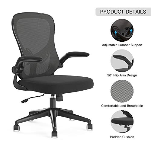 Hbada Silla de Oficina Silla de Escritorio ergonómica Silla giratoria con reposabrazos Plegables Soporte Lumbar Ajustable Silla de computadora de Malla Silla de Trabajo Silla Ligera Negro